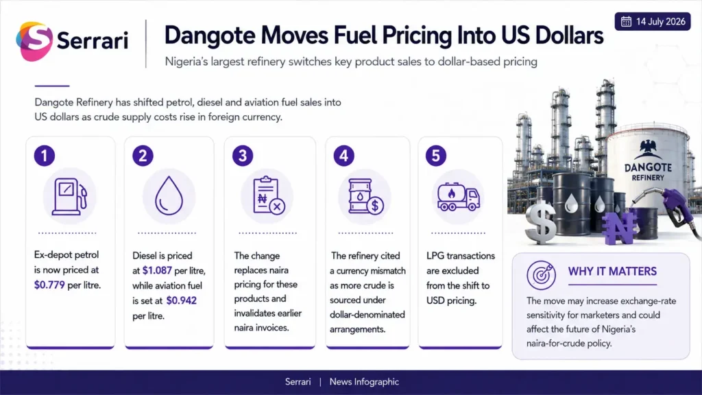 Infographic showing Dangote’s decision to price fuel in US dollars, highlighting foreign exchange impacts, fuel pricing, energy markets, trade dynamics, and Nigeria’s petroleum sector