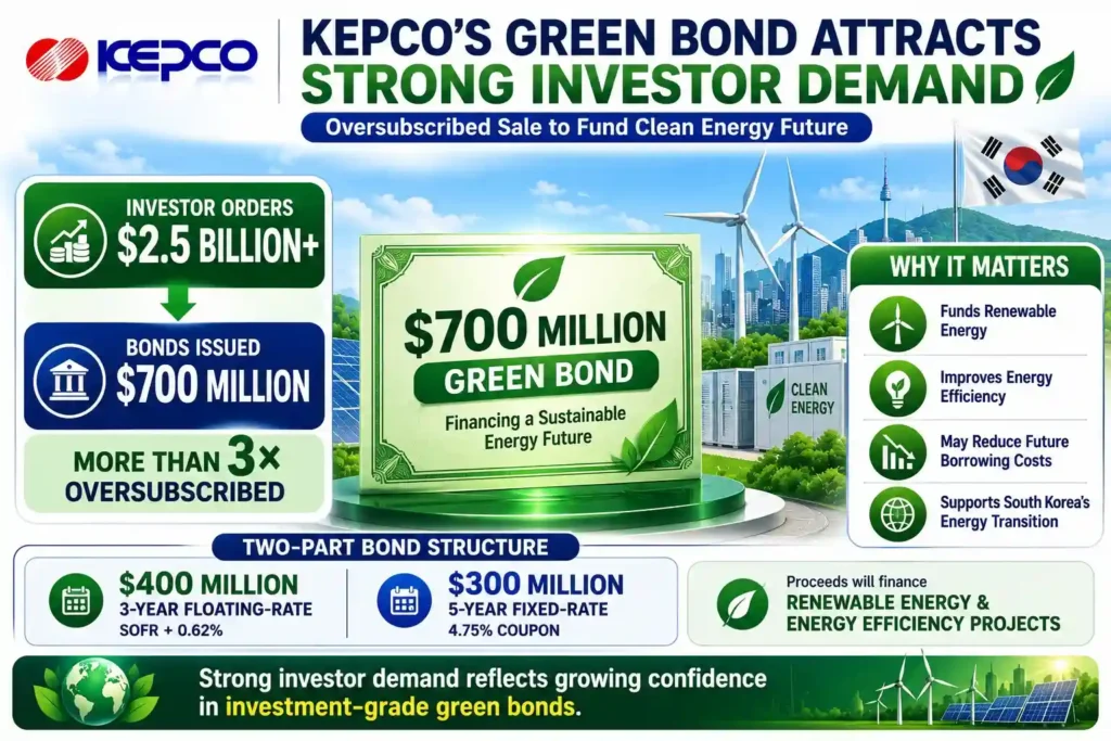Infographic showing KEPCO's $700 million green bond issuance attracting more than $2.5 billion in investor orders, highlighting strong demand for sustainable finance.