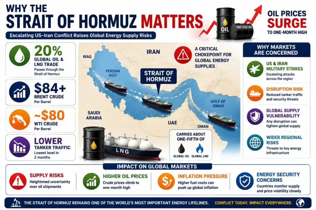 Infographic showing the Strait of Hormuz carrying 20% of global oil and LNG trade, with supply disruptions pushing Brent crude above $84 per barrel