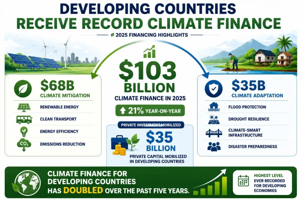Infographic showing developing countries received a record $103 billion in climate finance in 2025, including $68 billion for mitigation, $35 billion for adaptation, and $35 billion in mobilized private investment.