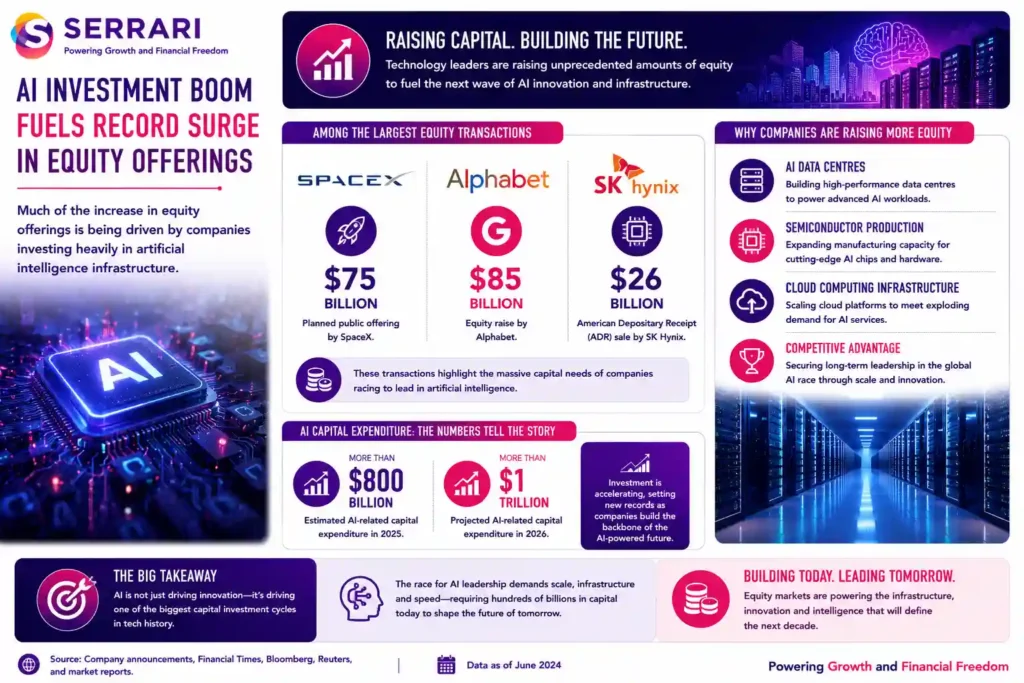 The surge in AI-driven equity fundraising as technology companies expand investment in artificial intelligence infrastructure. The infographic features major planned equity transactions, including SpaceX’s proposed US$75 billion public offering, Alphabet’s US$85 billion equity raise, and SK Hynix’s US$26 billion American Depositary Receipt (ADR) sale. It also highlights that AI-focused companies are expected to spend more than US$800 billion on capital expenditure this year, rising to over US$1 trillion next year, with investments concentrated in AI data centres, semiconductor manufacturing, and cloud computing infrastructure. The infographic emphasizes that growing capital requirements are driving one of the largest equity fundraising cycles in the technology sector.
