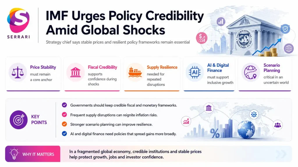 Infographic showing the IMF’s call for credible economic policies, highlighting global growth risks, fiscal discipline, monetary policy, inflation, geopolitical uncertainty, and financial stability
