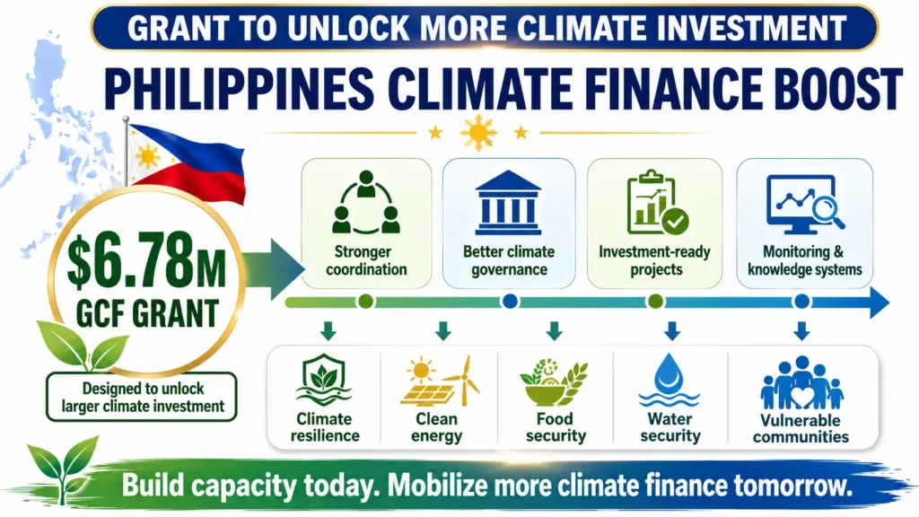 Bright infographic showing how the Philippines’ $6.78 million GCF grant will improve climate governance, project readiness, monitoring, and future climate investment.