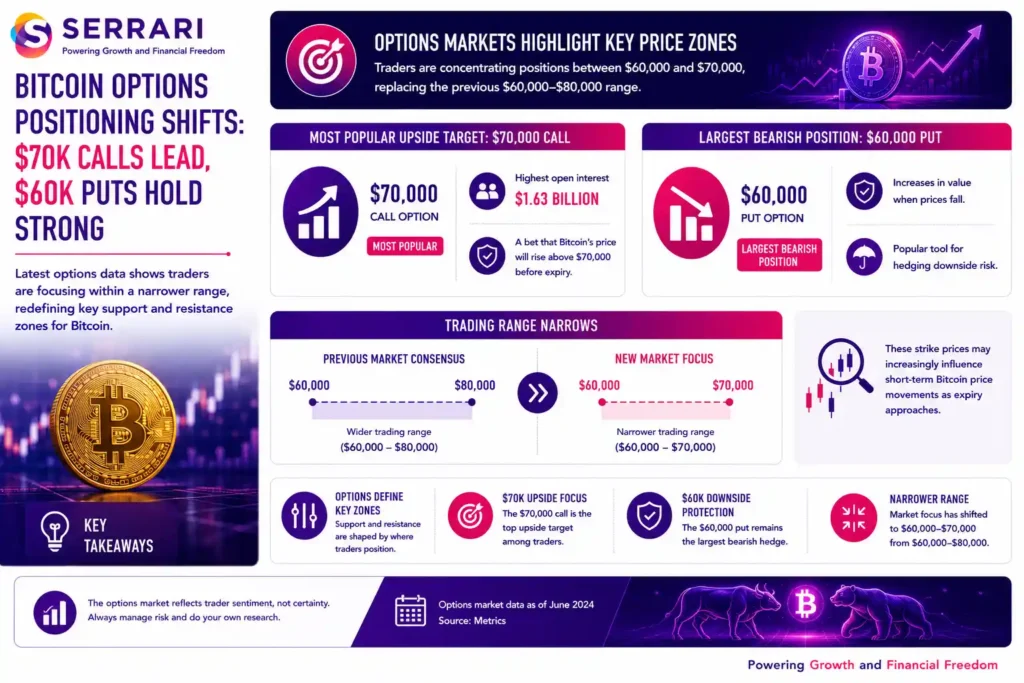 SERRARI infographic highlighting the shift in Bitcoin options market positioning, where the US$70,000 call option has become the most popular bullish target while the US$60,000 put option remains the largest bearish position. The infographic explains that call options reflect expectations of rising prices, whereas put options are widely used to hedge downside risk. It also shows that traders are now concentrating positions within a US$60,000–US$70,000 trading range, replacing the previous US$60,000–US$80,000 market consensus. The infographic emphasizes that these strike prices are likely to act as key support and resistance levels, potentially exerting greater influence on Bitcoin’s short-term price movements as options expiry approaches.