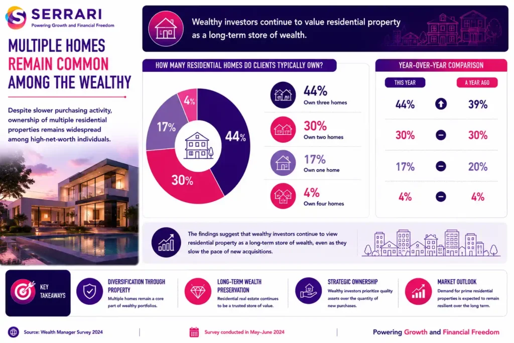 SERRARI infographic highlighting residential property ownership trends among high-net-worth individuals. The infographic shows that 44% of wealth managers report their clients typically own three homes, up from 39% a year earlier. It also highlights that 30% of affluent clients own two homes, 17% own one home, and only 4% typically own four homes. The infographic emphasizes that, despite slower residential property purchases, wealthy investors continue to view real estate as a long-term store of wealth, maintaining diversified property portfolios while moderating the pace of new acquisitions.