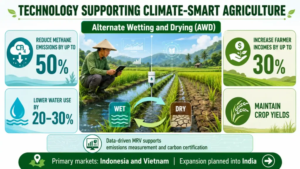 Landscape infographic showing Alternate Wetting and Drying technology reducing rice-farming methane emissions, water use, and costs while maintaining yields.