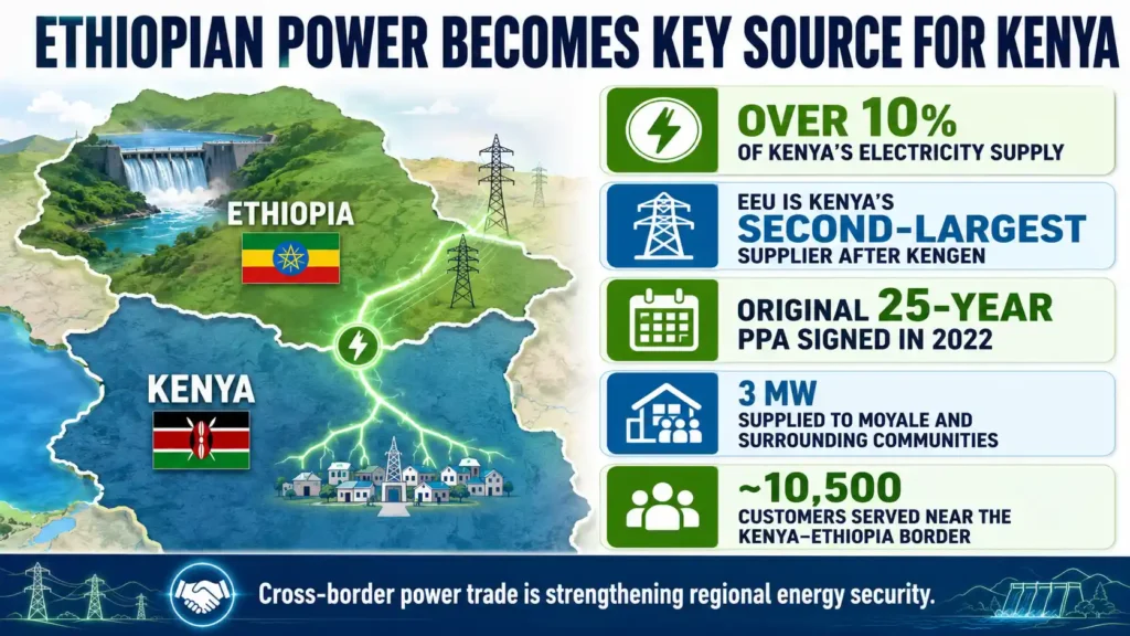 Landscape infographic showing Ethiopian hydropower supplying over 10% of Kenya’s electricity and supporting thousands of customers near the border.