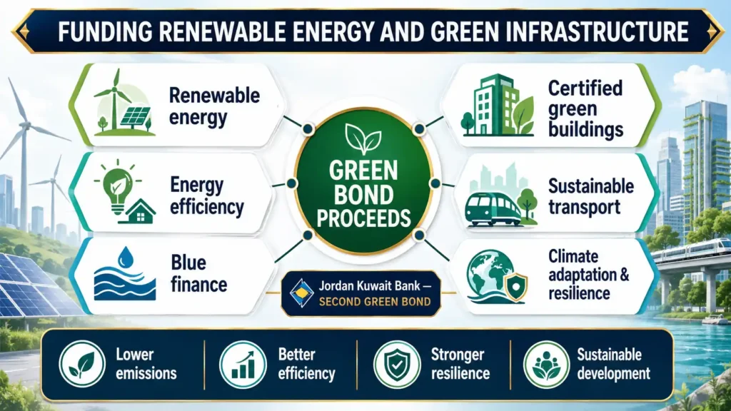 Bright landscape infographic showing how Jordan Kuwait Bank’s green bond will fund renewable energy, green buildings, blue finance, sustainable transport, and climate resilience.