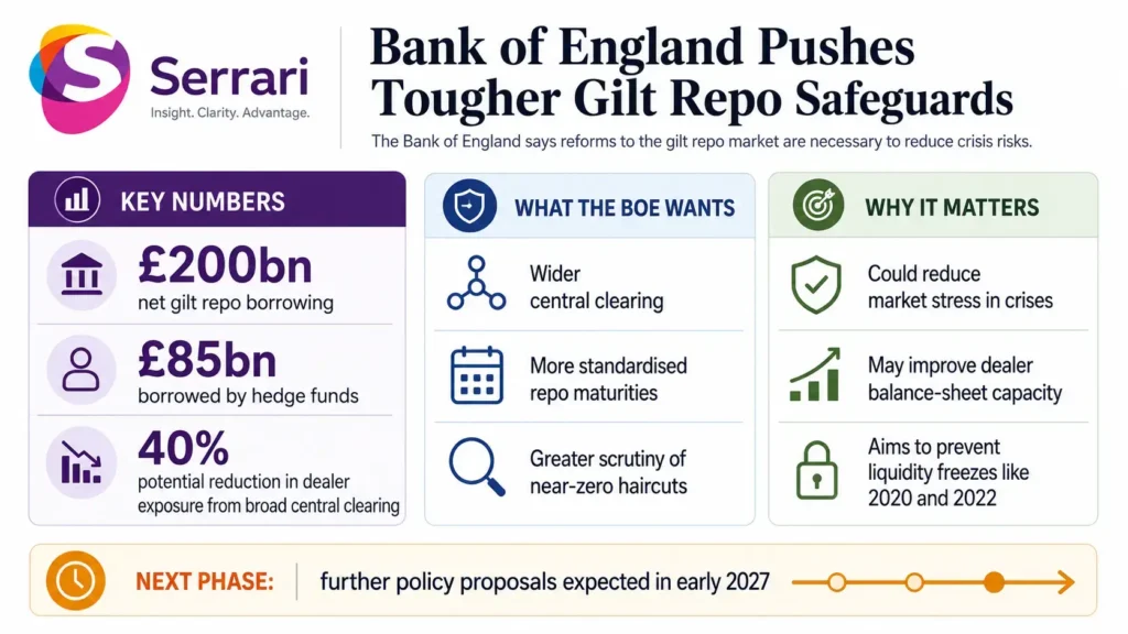 Infographic showing the Bank of England’s enhanced gilt repo safeguards, highlighting UK government bonds, repo market reforms, financial stability, liquidity management, and systemic risk protection