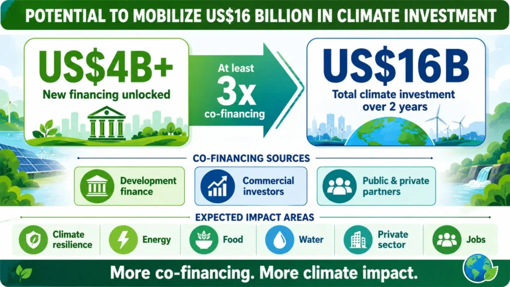 Landscape infographic showing how over $4 billion in new GCF financing could mobilize at least $16 billion in total climate investment.