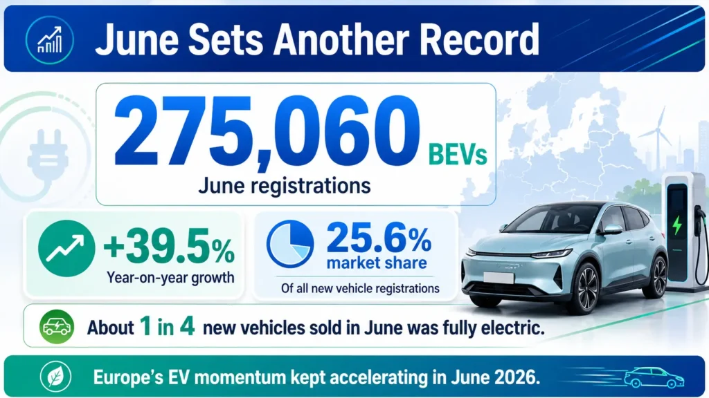 Landscape infographic showing Europe’s June 2026 EV registrations reaching 275,060, up 39.5% year-on-year, with a 25.6% market share.