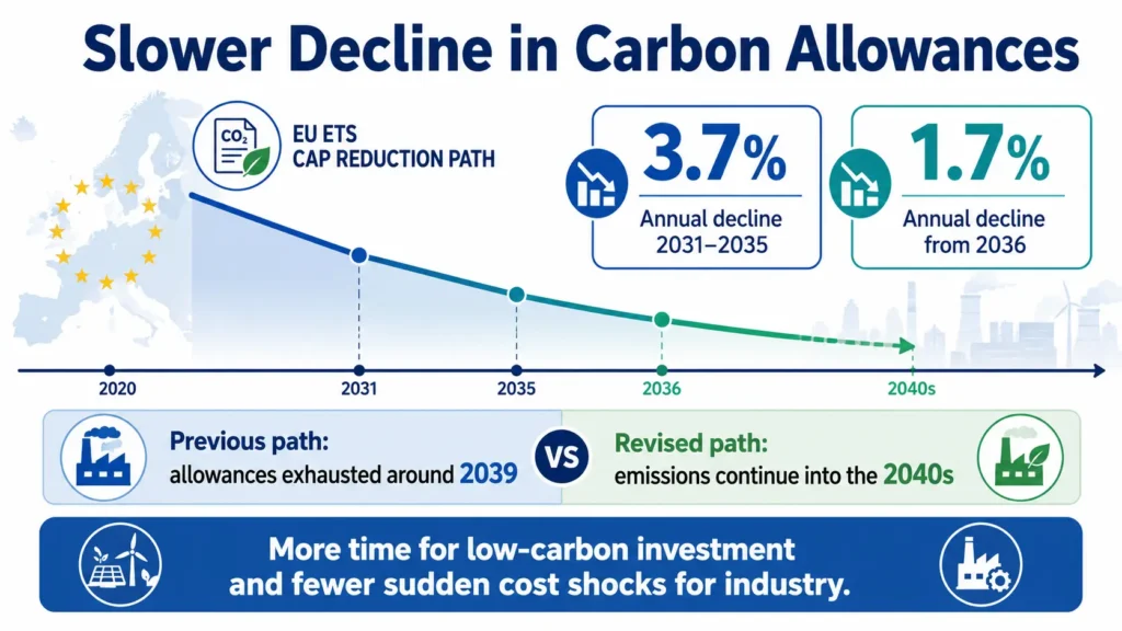 Landscape infographic showing the EU’s proposed slower decline in carbon allowances, with annual cuts of 3.7% from 2031–2035 and 1.7% from 2036.