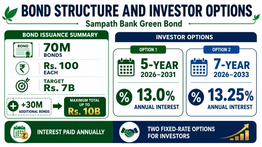 Landscape infographic showing Sampath Bank’s green bond structure, including Rs. 7 billion initial funding, a Rs. 10 billion maximum, and 5-year and 7-year investor options.