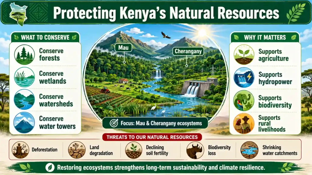 Landscape infographic showing how conserving Kenya’s forests, wetlands, watersheds and water towers supports agriculture, hydropower, biodiversity and rural livelihoods.