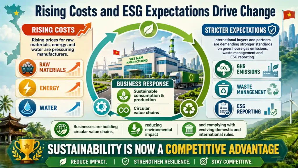 Landscape infographic showing how rising material, energy and water costs, alongside stricter ESG requirements, are pushing Vietnamese manufacturers toward circular and sustainable production.