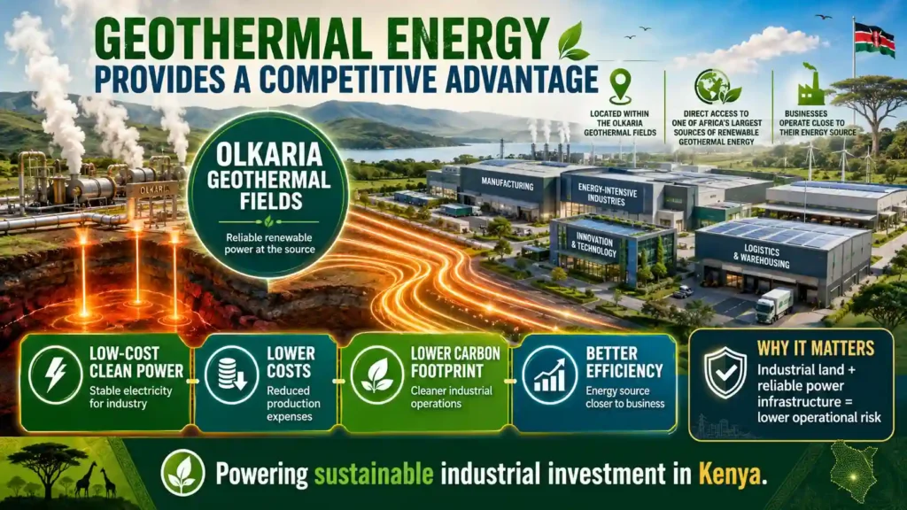 Landscape infographic showing how Olkaria’s geothermal energy gives KenGen’s Green Energy Park reliable clean power, lower costs, and a competitive industrial advantage.