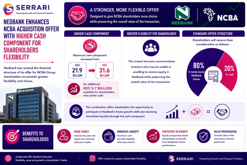 Nedbank’s revised acquisition offer with a more flexible payment structure for shareholders. The infographic shows that the maximum cash component has increased from KES 21.9 billion to KES 31.6 billion, providing an additional KES 9.7 billion for investors who prefer cash over shares. It also illustrates the standard offer structure, under which shareholders receive 80% of the consideration in newly issued Nedbank shares and 20% in cash, allowing investors to benefit from Nedbank’s future growth while receiving immediate liquidity. The infographic emphasizes that the revised structure offers greater flexibility while preserving the overall value of the transaction.