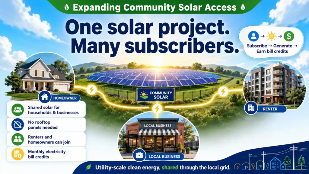 Landscape infographic showing how one community solar project supplies clean energy and bill credits to homeowners, renters, and local businesses.