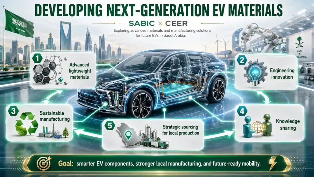 Landscape infographic showing SABIC and CEER developing lightweight materials, sustainable manufacturing, engineering innovation, and local sourcing for Saudi-made electric vehicles.