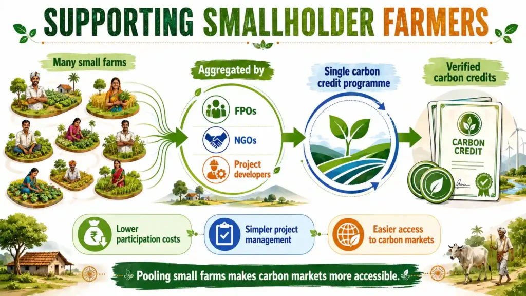 Landscape infographic showing how Indian smallholder farms can be pooled by FPOs, NGOs and project developers to generate verified carbon credits.