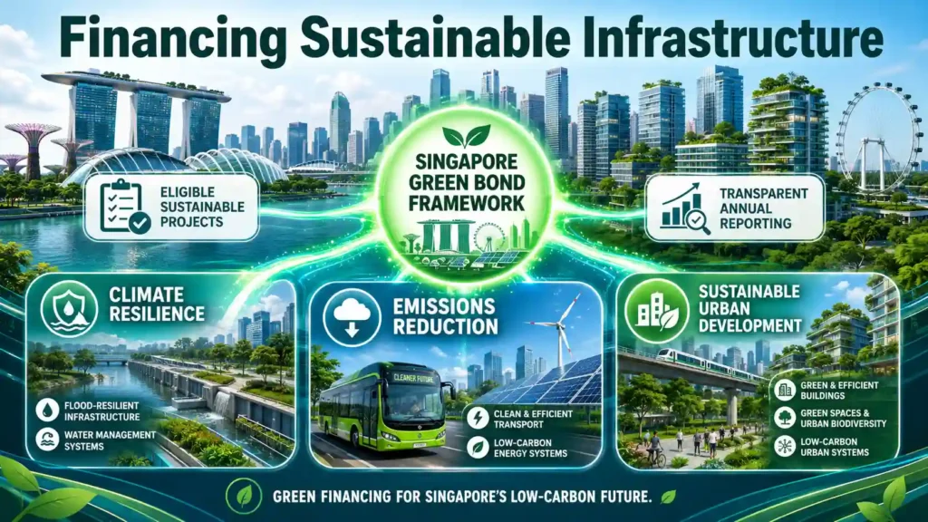 Bright landscape infographic showing Singapore’s Green Bond Framework financing climate resilience, emissions reduction, and sustainable urban infrastructure.
