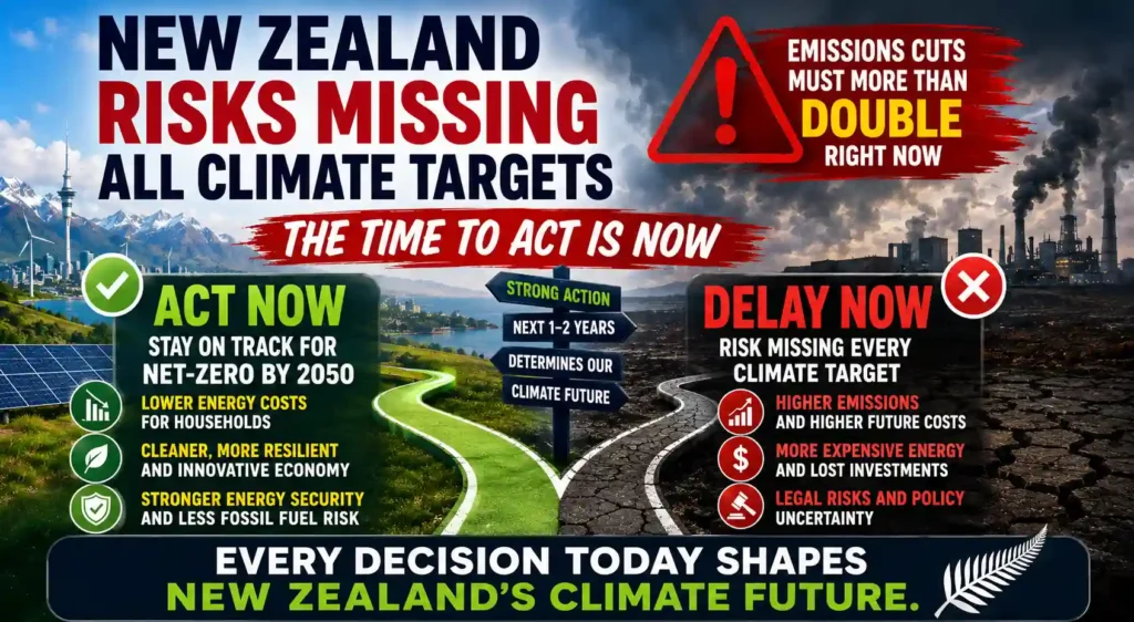 Landscape infographic showing New Zealand at a climate crossroads, contrasting immediate action toward net zero with delay, higher emissions and rising future costs.