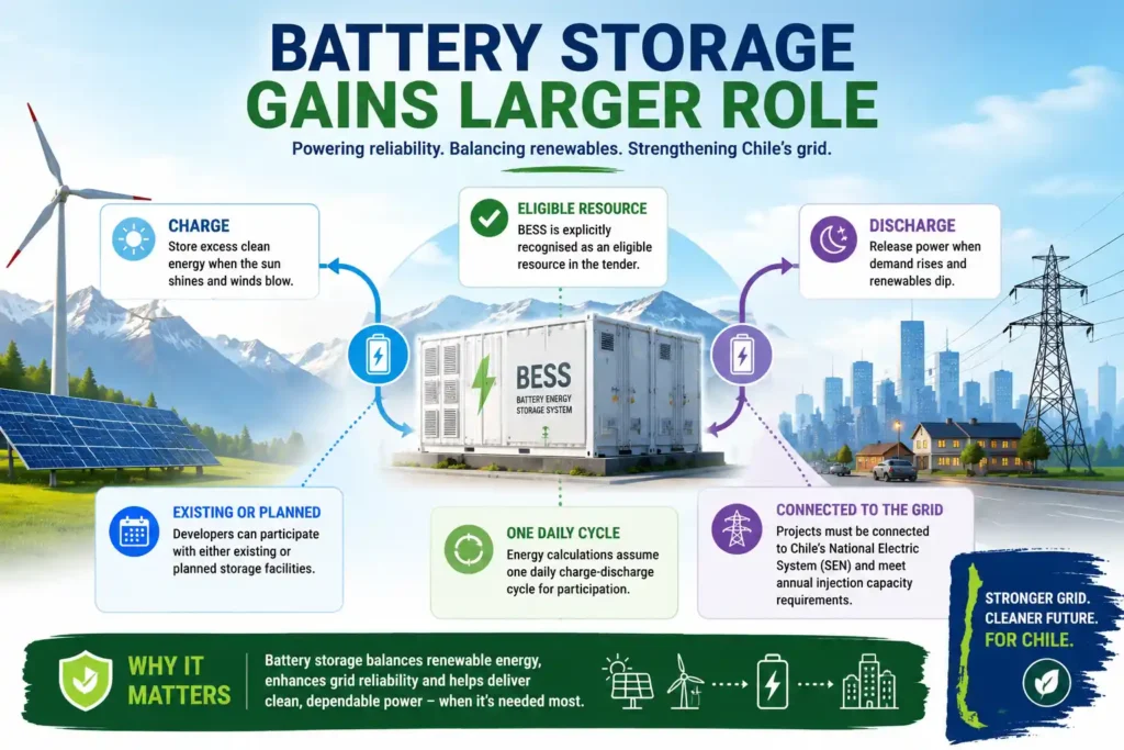 Bright landscape infographic showing battery storage charging from solar and wind power, then supplying electricity to strengthen Chile’s grid.