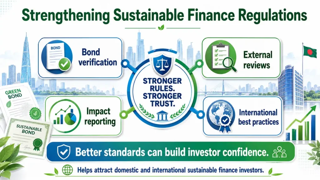 Bright landscape infographic showing stronger green bond verification, external reviews, impact reporting and international standards in Bangladesh.