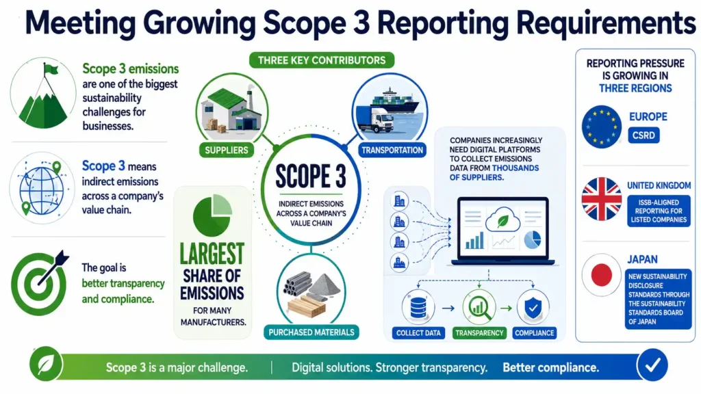 Bright landscape infographic explaining Scope 3 emissions from suppliers, transport and purchased materials, alongside growing reporting requirements in Europe, the UK and Japan.