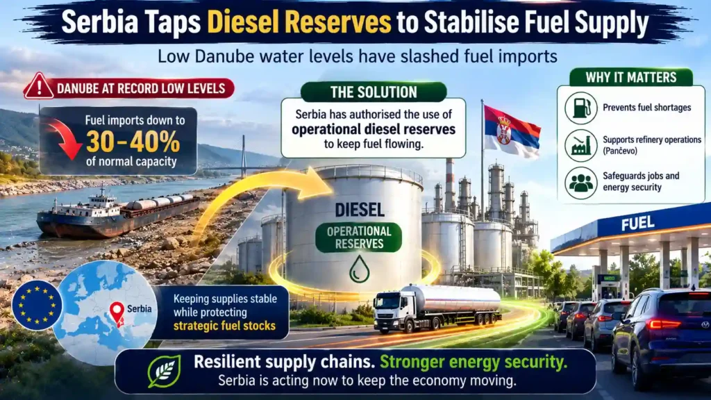 Landscape infographic showing Serbia using operational diesel reserves after low Danube levels cut fuel-import capacity to 30–40% of normal.