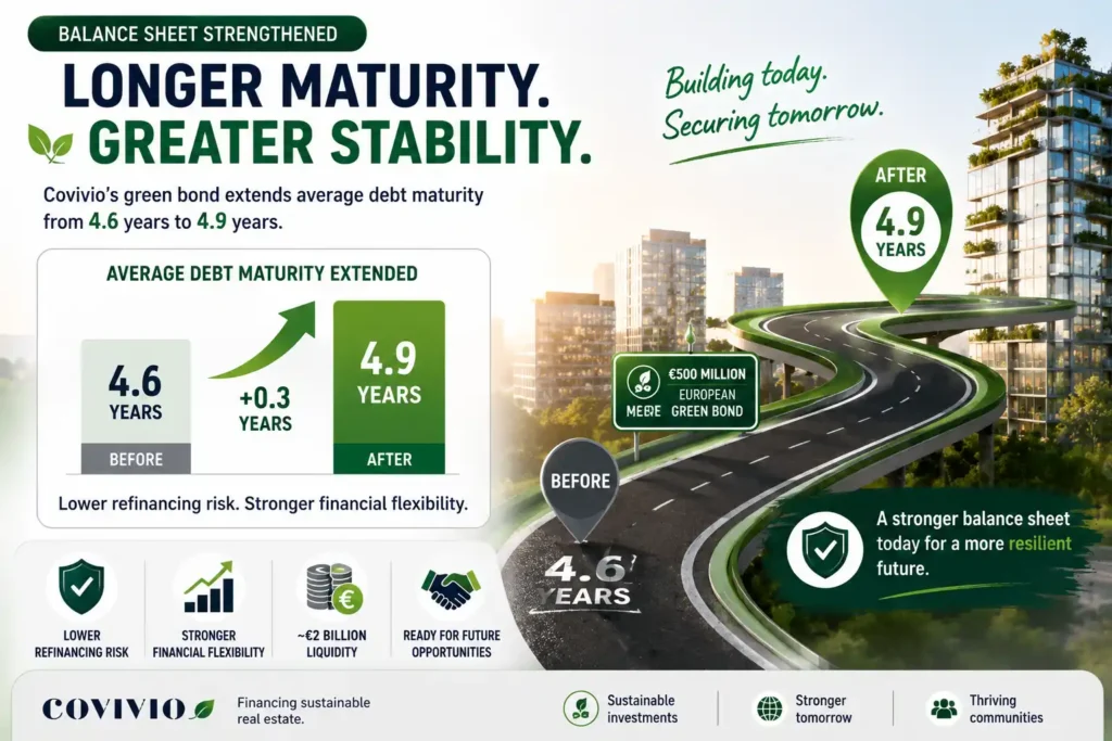 Landscape infographic showing Covivio extending its average debt maturity from 4.6 to 4.9 years, reducing refinancing risk and strengthening financial stability.