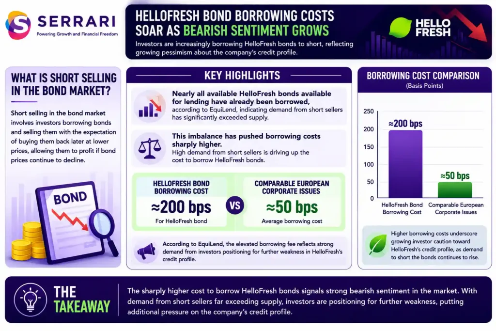 The surge in short selling of HelloFresh bonds amid growing bearish sentiment toward the company's credit profile. The infographic explains that short selling involves investors borrowing bonds, selling them, and seeking to repurchase them later at lower prices if bond values decline. It shows that nearly all HelloFresh bonds available for lending have already been borrowed, according to EquiLend, indicating that demand from short sellers has significantly exceeded available supply. It also compares the borrowing cost of approximately 200 basis points for HelloFresh bonds with the roughly 50 basis point average for comparable European corporate bonds, emphasizing that the elevated borrowing fee reflects strong investor demand to position for further weakness in the company's credit outlook. 