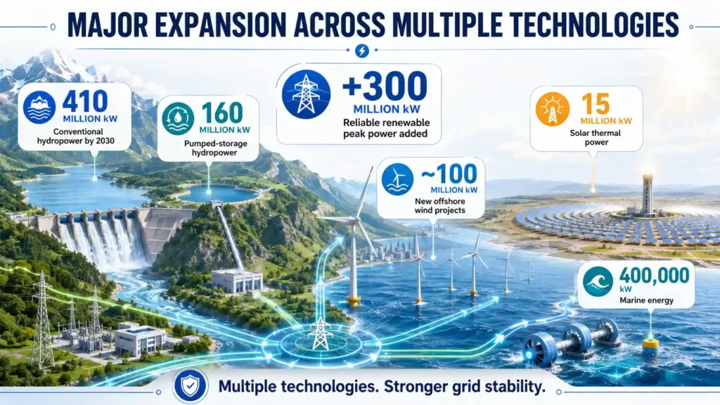 Bright landscape infographic showing China’s expansion across hydropower, pumped storage, offshore wind, solar thermal and marine energy to strengthen grid stability. 