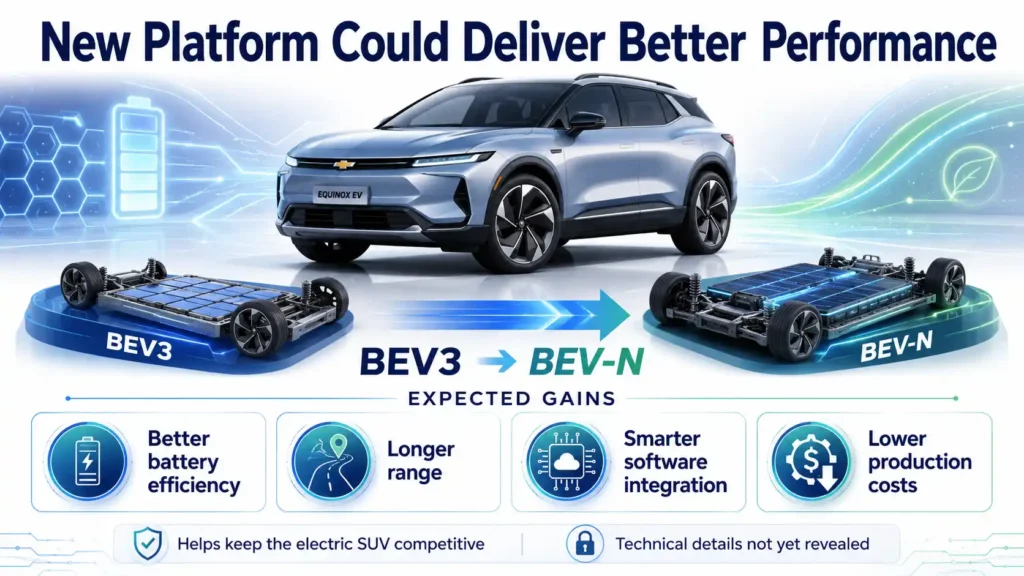 Bright landscape infographic showing the Chevrolet Equinox EV moving from the BEV3 platform to BEV-N, with expected gains in efficiency, range, software integration and production costs. 
