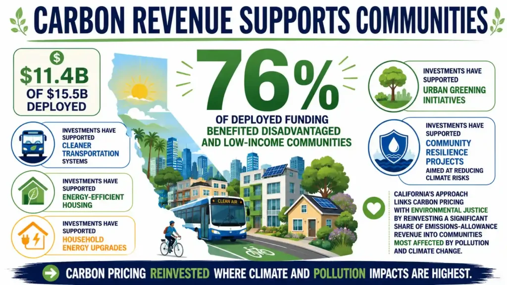 Bright landscape infographic showing 76% of California’s deployed climate funding benefiting disadvantaged and low-income communities through cleaner transport, efficient housing, energy upgrades and resilience projects.