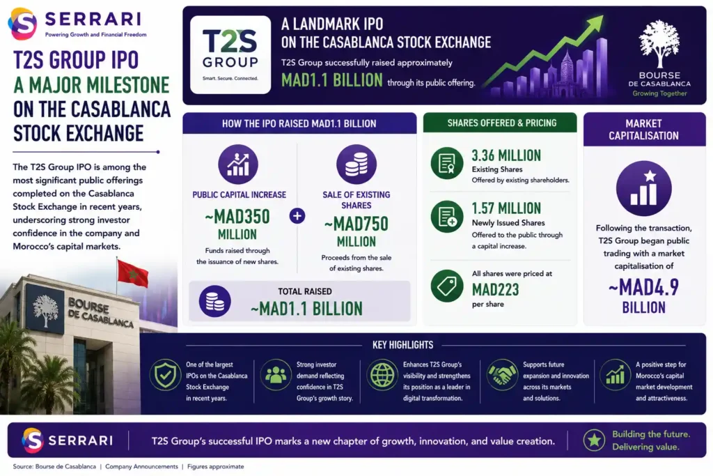 The T2S Group initial public offering (IPO) on the Casablanca Stock Exchange. The infographic shows that the company raised approximately MAD1.1 billion, comprising a MAD350 million public capital increase and the sale of approximately MAD750 million in existing shares. It also highlights that the IPO included 3.36 million existing shares and 1.57 million newly issued shares, with all shares priced at MAD223 each. The infographic emphasizes that following the successful listing, T2S Group entered public trading with an estimated market capitalization of approximately MAD4.9 billion, making it one of the most significant IPOs on the Casablanca Stock Exchange in recent years.