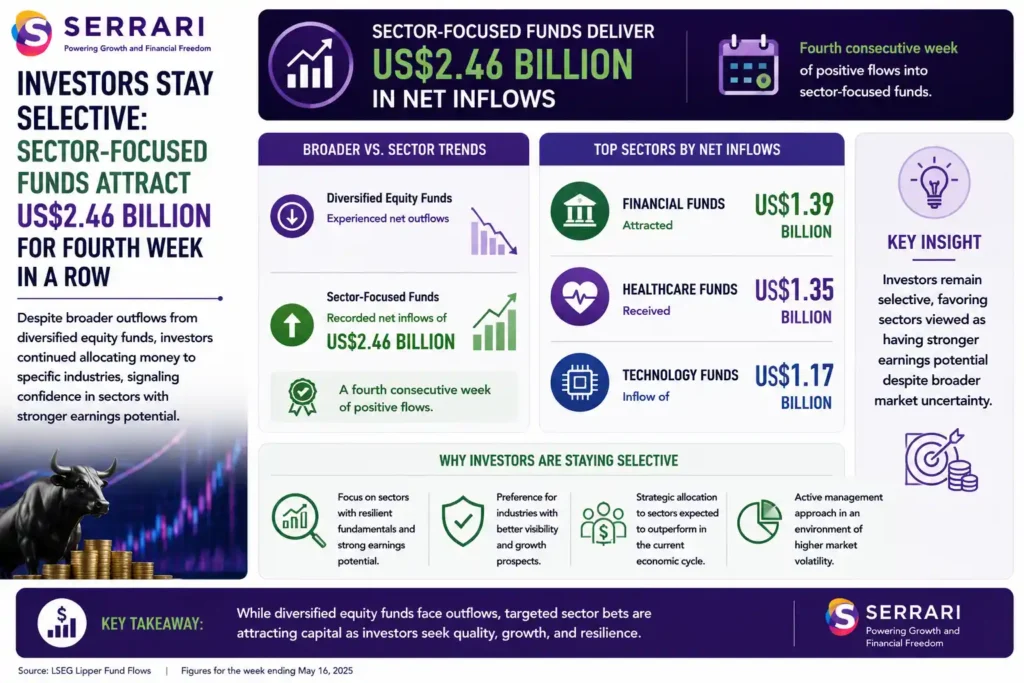  Continued investor inflows into sector-focused equity funds despite broader outflows from diversified equity funds. The infographic shows that sector-focused funds attracted approximately US$2.46 billion in net inflows, marking a fourth consecutive week of positive flows. It highlights the strongest-performing sectors, with financial funds receiving US$1.39 billion, healthcare funds attracting US$1.35 billion, and technology funds recording US$1.17 billion in inflows. The infographic emphasizes that investors remain selective, directing capital toward sectors with stronger earnings potential and more resilient growth prospects amid broader market uncertainty.