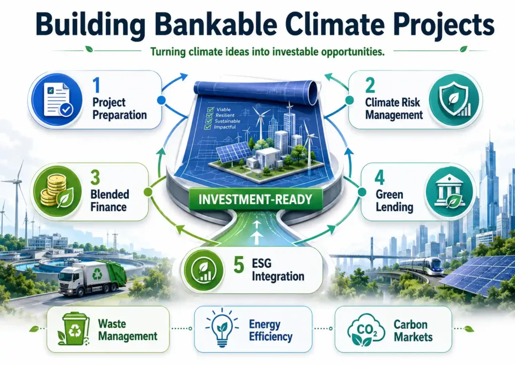 Bright landscape infographic showing how project preparation, climate-risk management, blended finance, green lending and ESG integration can turn climate ideas into investment-ready projects.