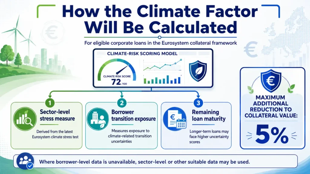 Bright landscape infographic showing how the ECB calculates climate risk for corporate loans using sector stress, borrower exposure and loan maturity, with a maximum 5% collateral reduction.