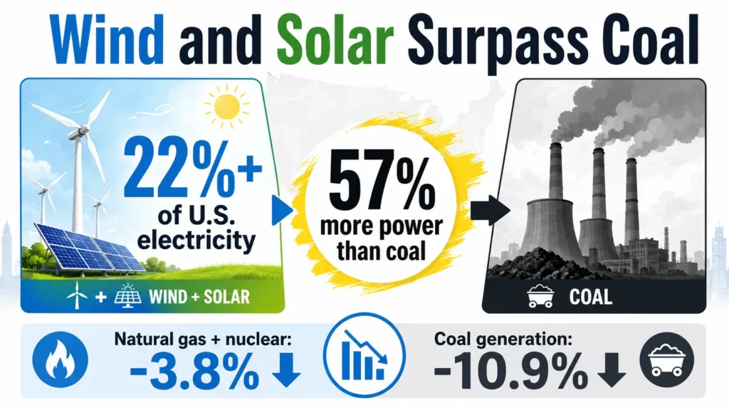 Bright landscape infographic showing U.S. wind and solar generating over 22% of electricity and producing 57% more power than coal.