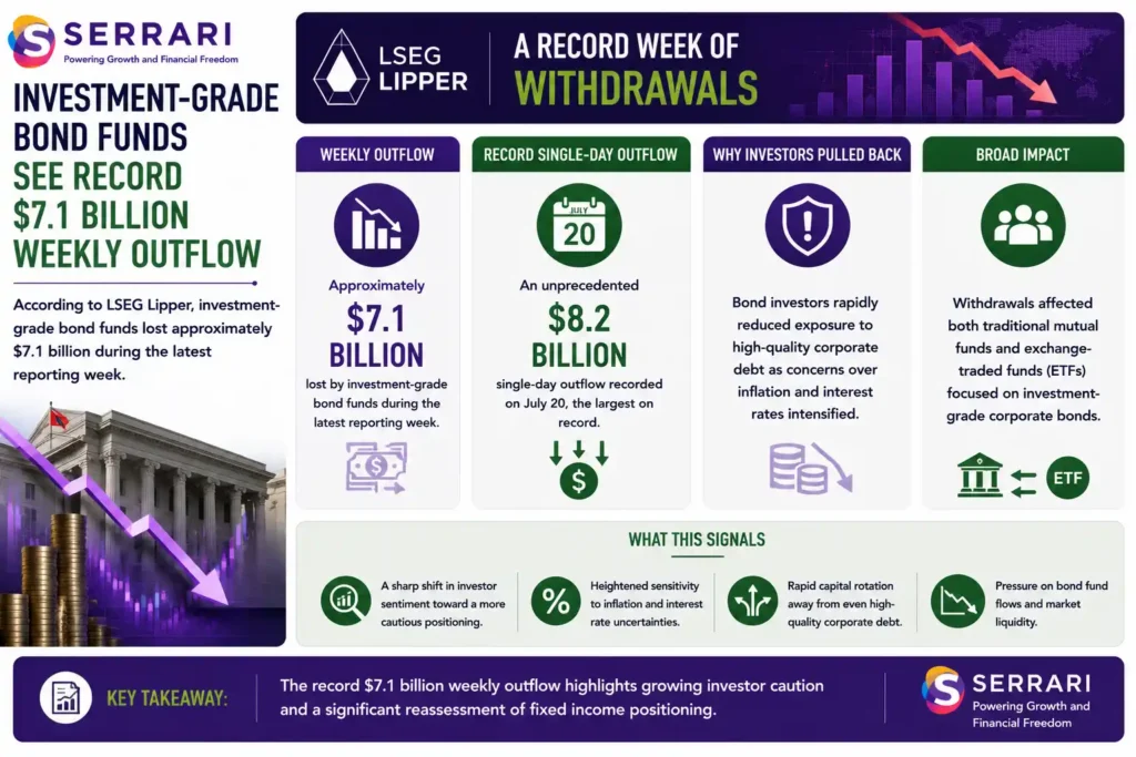 SERRARI infographic highlighting the record outflows from investment-grade bond funds during the latest reporting week. The infographic shows that, according to LSEG Lipper, investment-grade bond funds recorded approximately US$7.1 billion in net withdrawals, following a record US$8.2 billion single-day outflow on July 20. It explains that investors reduced exposure to high-quality corporate bonds amid growing concerns over inflation and the outlook for interest rates. The infographic also highlights that the withdrawals affected both traditional mutual funds and exchange-traded funds (ETFs) focused on investment-grade corporate debt, underscoring a broad repositioning by fixed-income investors in response to changing market conditions.