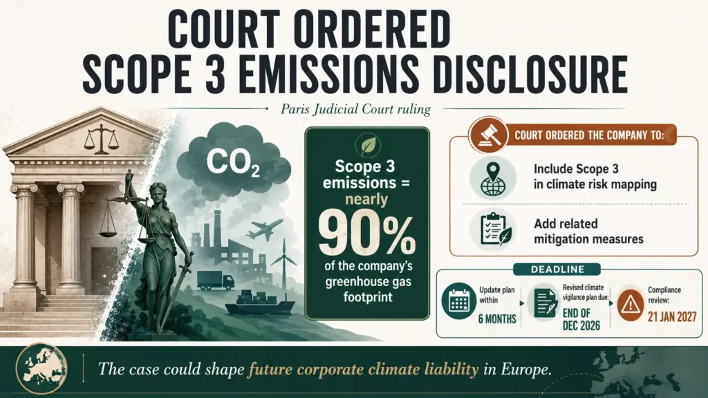 Landscape infographic showing a Paris court order requiring TotalEnergies to include Scope 3 emissions and mitigation measures in its climate vigilance plan.