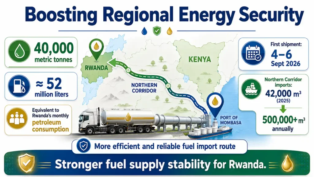 Bright landscape infographic showing Rwanda’s 40,000-tonne fuel shipment moving through Mombasa and Kenya’s Northern Corridor to strengthen supply security. 