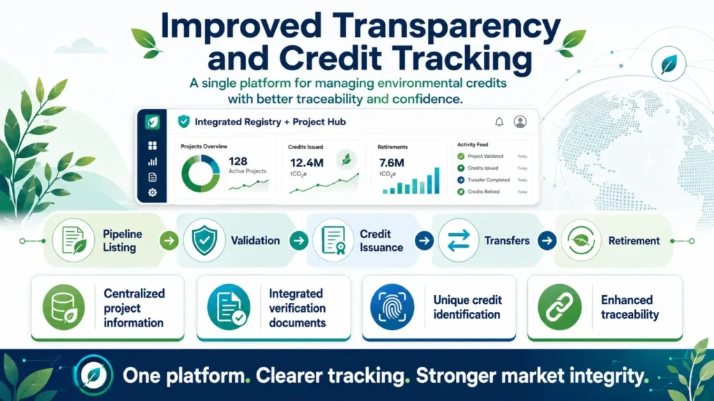 Bright landscape infographic showing a unified environmental credit platform tracking projects from pipeline listing and validation to issuance, transfer and retirement.