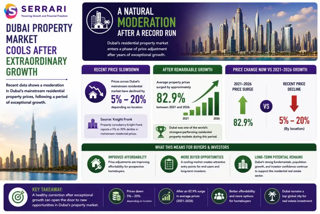 SERRARI infographic highlighting the recent moderation in Dubai's residential property market following several years of exceptional price growth. The infographic shows that, according to Knight Frank, mainstream residential property prices have declined by between 5% and 20%, depending on location, after surging approximately 82.9% between 2021 and 2026. It emphasizes that Dubai was one of the world's strongest-performing residential property markets during that period before entering a phase of price correction. The infographic also explains that while the slowdown may concern some investors, the lower prices are improving affordability and creating new opportunities for prospective homebuyers and long-term real estate investors in Dubai.