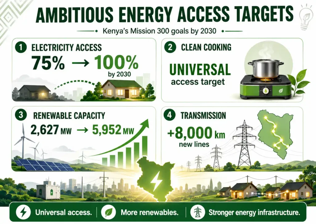 Bright landscape infographic showing Kenya’s 2030 energy targets: universal electricity and clean cooking access, renewable capacity rising to 5,952 MW, and 8,000 km of new transmission lines.
