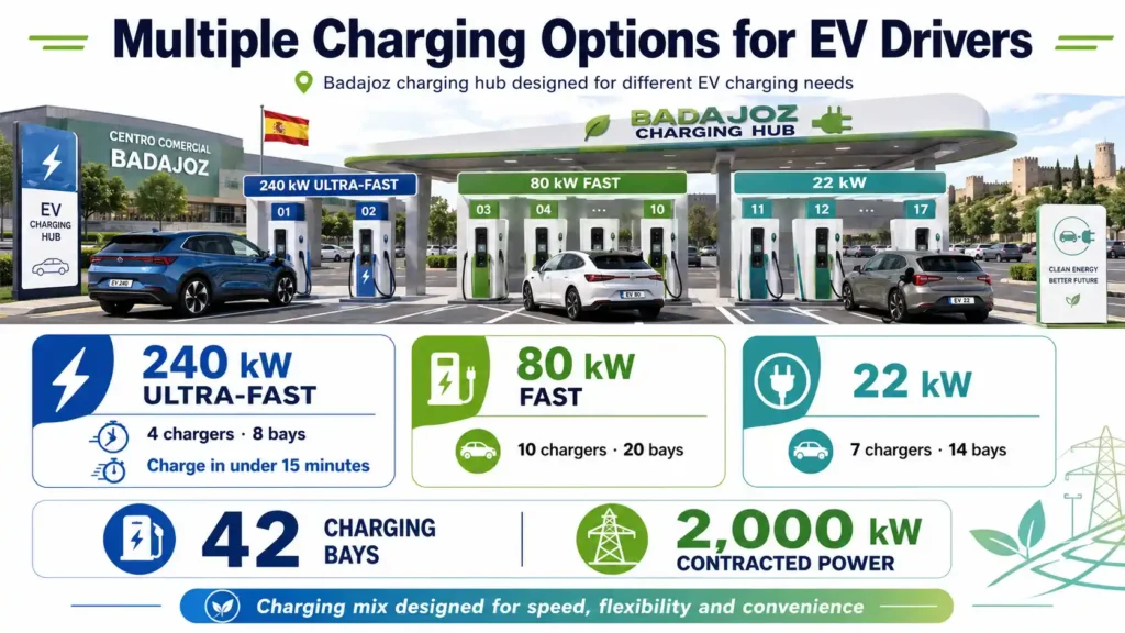 Bright landscape infographic showing Badajoz’s EV charging hub with 42 bays, including 240 kW ultra-fast, 80 kW fast and 22 kW chargers.