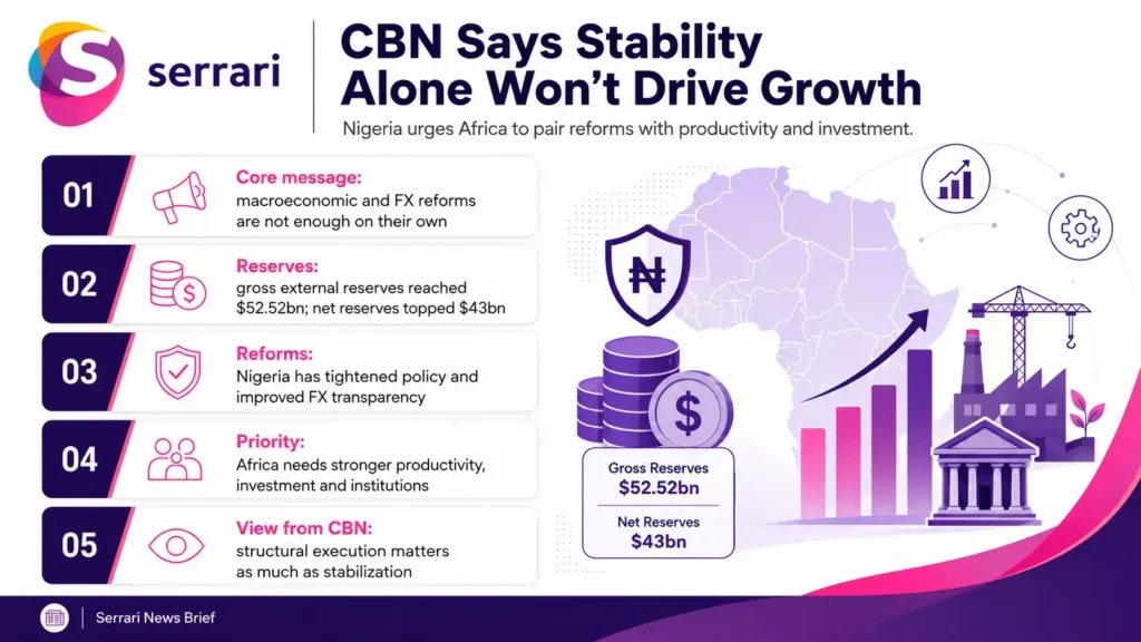 Infographic showing the Central Bank of Nigeria’s view that stability alone cannot drive Africa’s growth, highlighting structural reforms, productivity, investment, economic resilience, and sustainable development