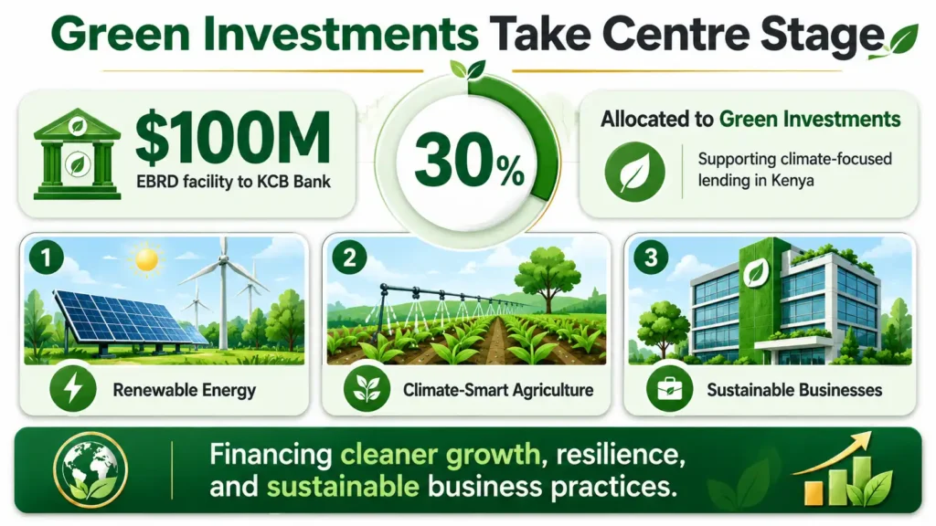 Bright landscape infographic showing 30% of a $100 million EBRD facility allocated to renewable energy, climate-smart agriculture and sustainable businesses in Kenya.