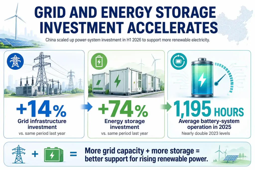 Bright landscape infographic showing China’s grid investment rising 14%, energy storage investment increasing 74%, and battery systems averaging 1,195 operating hours.